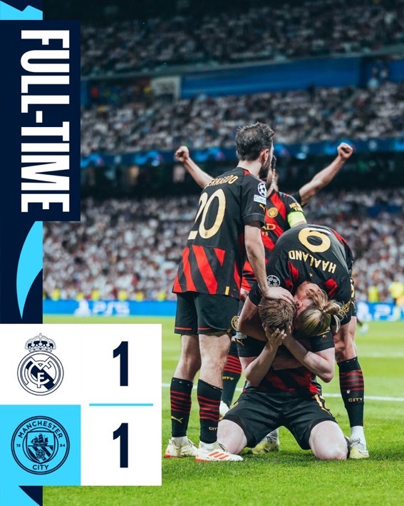 VINICIUS AND DE BRUYNE ON TARGET AS CITY TIED UP WITH MADRID IN BERNABEU